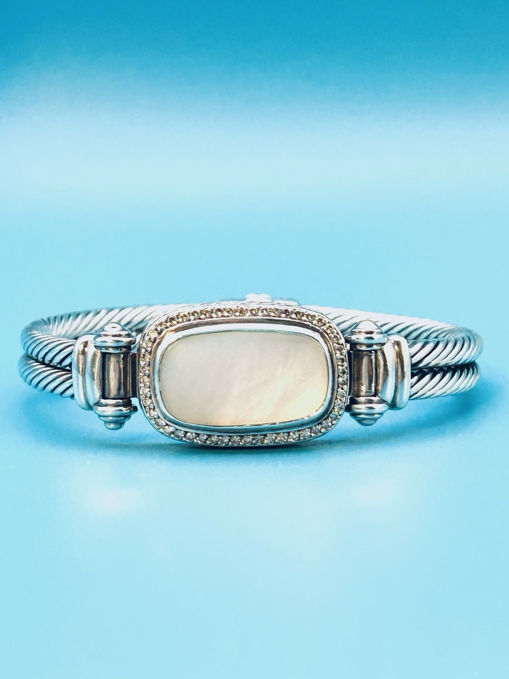 David Yurman Sterling Silver Mother of Pearl Pave Diamond Double Cable Bracelet